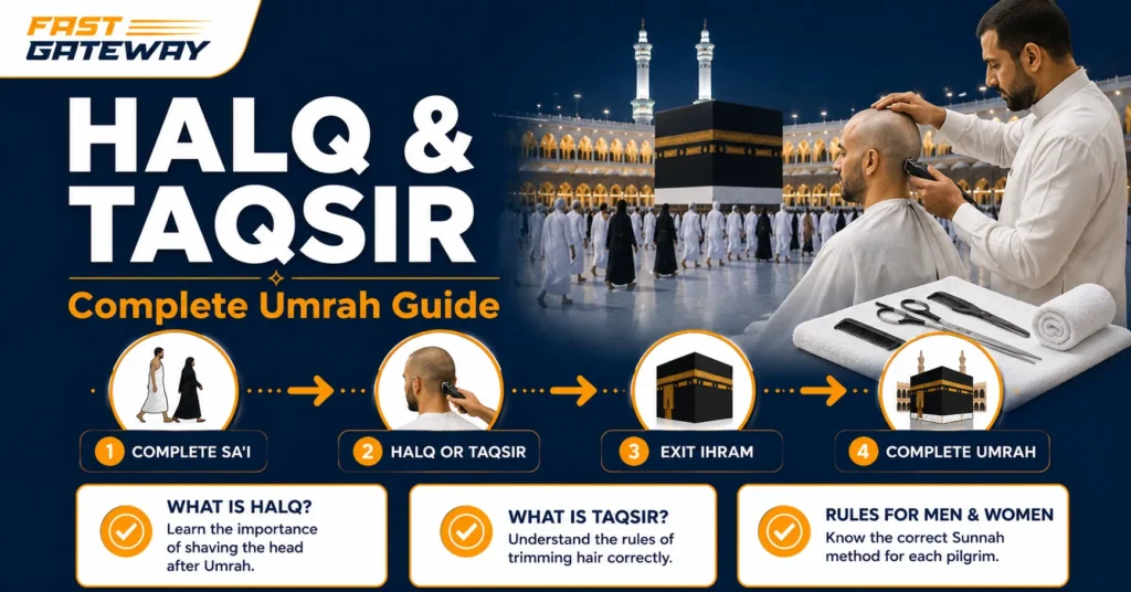 Halq and Taqsir in Umrah guide showing hair shaving and trimming rituals after completing Sa'i