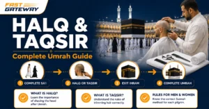 Halq and Taqsir in Umrah guide showing hair shaving and trimming rituals after completing Sa'i